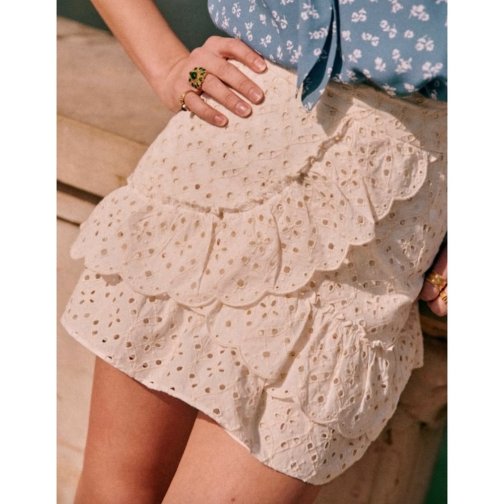 Sezane Cream Eyelet Tiered Mini Skirt
